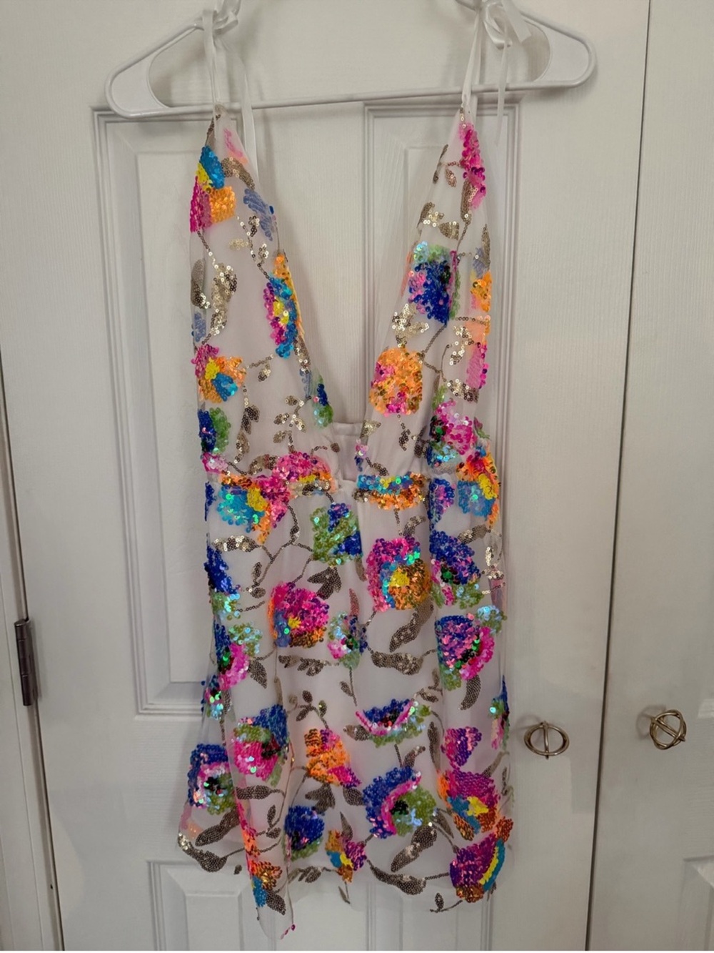 Sequin Floral V-Neck Mini Dress in Multicolor